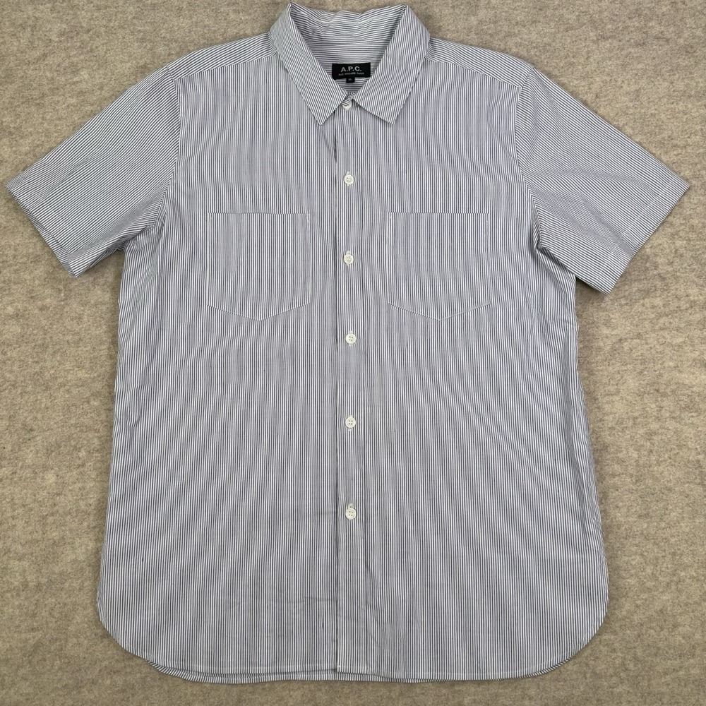 APC Rue Madame Paris Shirt Mens XL Blue White Micro Striped Linen Blend S/S